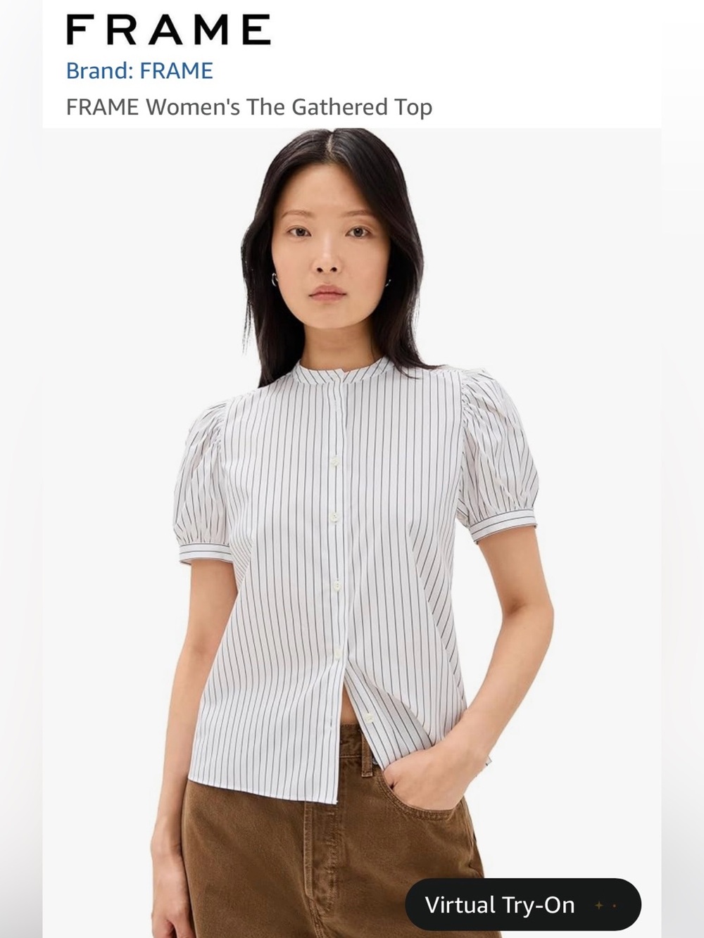 NWT Frame Striped Button-Front Puff Sleeve Blouse White with Navy Stripes cotton - Picture 2 of 16